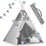 Gyereksátor, Nukido Tipi, fényfüzérrel, 120 x 120 x 165 cm, szürke, csillagmintás, fenyőfa rudak, 3 párna, stabilizátor, hordtáska