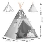 Gyereksátor, Nukido Tipi, fényfüzérrel, 120 x 120 x 165 cm, szürke, csillagmintás, fenyőfa rudak, 3 párna, stabilizátor, hordtáska