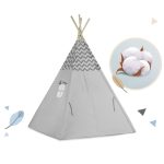 Gyereksátor, Nukido Tipi, fényfüzérrel, 120 x 120 x 165 cm, szürke, 175 g/m2 pamut, fenyőfa rudak, 3 párna és szigetelő szőnyeg, hordtáska