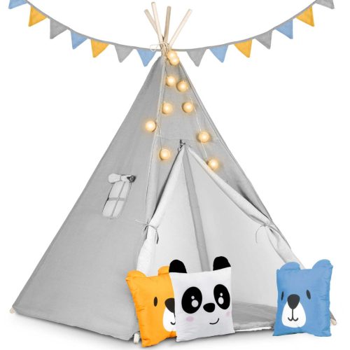 Gyereksátor, Nukido Tipi, fényfüzérrel, 120 x 120 x 165 cm, szürke, Montessori stílusú, pamut, fenyőfa rudak, 3 párna, szőnyeg