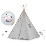 Gyereksátor, Nukido Tipi, fényfüzérrel, 120 x 120 x 165 cm, szürke, Montessori stílusú, pamut, fenyőfa rudak, 3 párna, szőnyeg