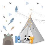 Gyereksátor, Nukido Tipi, fényfüzérrel, 120 x 120 x 165 cm, szürke, Montessori stílusú, pamut, fenyőfa rudak, 3 párna, szőnyeg
