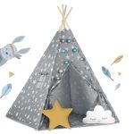 Gyereksátor, Nukido Tipi, fényfüzérrel, 120 x 120 x 165 cm, szürke, csillagmintás, pamut, 2 párnával, varrott padlóval, stabilizátorral