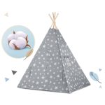 Gyereksátor, Nukido Tipi, fényfüzérrel, 120 x 120 x 165 cm, szürke, csillagmintás, pamut, 2 párnával, varrott padlóval, stabilizátorral