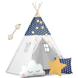   Gyereksátor, Nukido Tipi, fényfüzérrel, 120 x 120 x 165 cm, sötétkék, prémium pamut, fenyőfa rudak, 3 párna, vastag szigetelő matrac