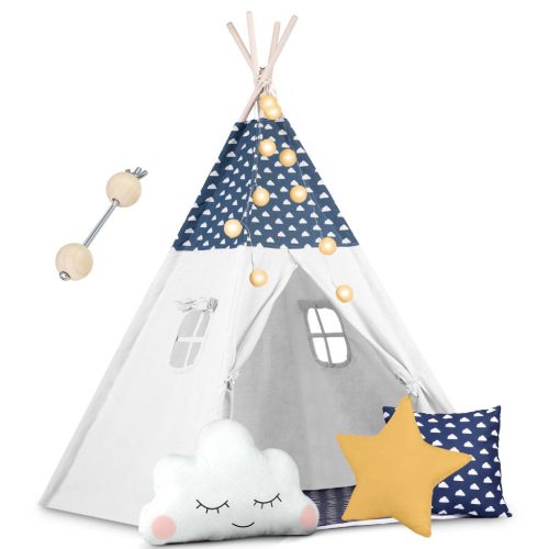 Gyereksátor, Nukido Tipi, fényfüzérrel, 120 x 120 x 165 cm, sötétkék, prémium pamut, fenyőfa rudak, 3 párna, vastag szigetelő matrac