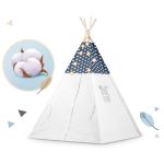Gyereksátor, Nukido Tipi, fényfüzérrel, 120 x 120 x 165 cm, sötétkék, prémium pamut, fenyőfa rudak, 3 párna, vastag szigetelő matrac