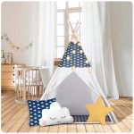 Gyereksátor, Nukido Tipi, fényfüzérrel, 120 x 120 x 165 cm, sötétkék, prémium pamut, fenyőfa rudak, 3 párna, vastag szigetelő matrac