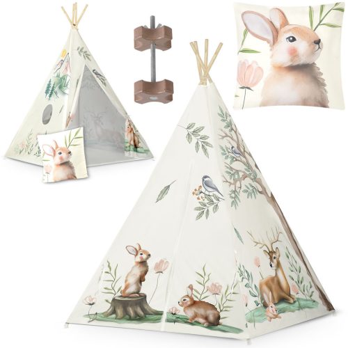 Gyereksátor, Nukido Tipi, Nyuszis minta, 114 × 114 × 165 cm, bézs, stabilizátorral, nyuszis párnával, fenyőfa rudak, könnyen összeszerelhető