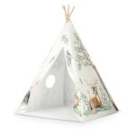 Gyereksátor, Nukido Tipi, Nyuszis minta, 114 × 114 × 165 cm, bézs, stabilizátorral, nyuszis párnával, fenyőfa rudak, könnyen összeszerelhető