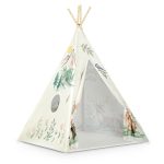 Gyereksátor, Nukido Tipi, Nyuszis minta, 114 × 114 × 165 cm, bézs, stabilizátorral, nyuszis párnával, fenyőfa rudak, könnyen összeszerelhető