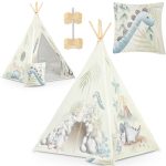 Gyereksátor, Nukido Tipi, Dinoszaurusz minta, 114 × 114 × 165 cm, stabilizátorral és vastag párnával, ablakos, poliészter huzat, fenyőfa rudak, könnyen összeszerelhető