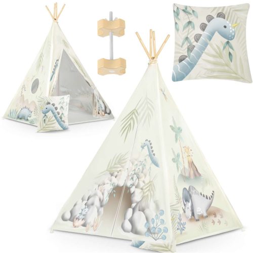 Gyereksátor, Nukido Tipi, Dinoszaurusz minta, 114 × 114 × 165 cm, stabilizátorral és vastag párnával, ablakos, poliészter huzat, fenyőfa rudak, könnyen összeszerelhető