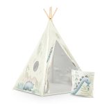 Gyereksátor, Nukido Tipi, Dinoszaurusz minta, 114 × 114 × 165 cm, stabilizátorral és vastag párnával, ablakos, poliészter huzat, fenyőfa rudak, könnyen összeszerelhető