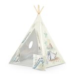 Gyereksátor, Nukido Tipi, Dinoszaurusz minta, 114 × 114 × 165 cm, stabilizátorral és vastag párnával, ablakos, poliészter huzat, fenyőfa rudak, könnyen összeszerelhető