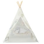 Gyereksátor, Nukido Tipi, Dinoszaurusz minta, 114 × 114 × 165 cm, stabilizátorral és vastag párnával, ablakos, poliészter huzat, fenyőfa rudak, könnyen összeszerelhető