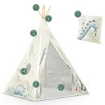 Gyereksátor, Nukido Tipi, Dinoszaurusz minta, 114 × 114 × 165 cm, stabilizátorral és vastag párnával, ablakos, poliészter huzat, fenyőfa rudak, könnyen összeszerelhető